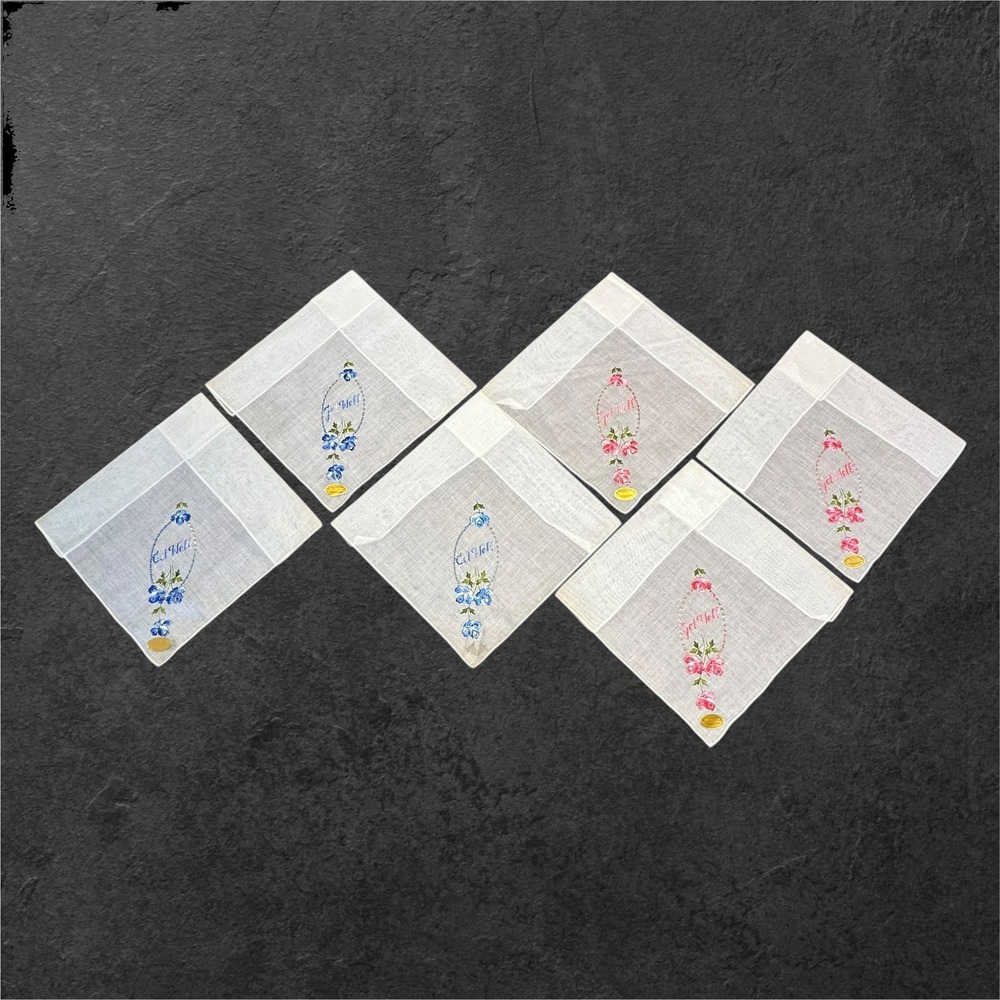 Vintage Handkerchief Set Multi Get Well Floral Swiss Cotton 6pc